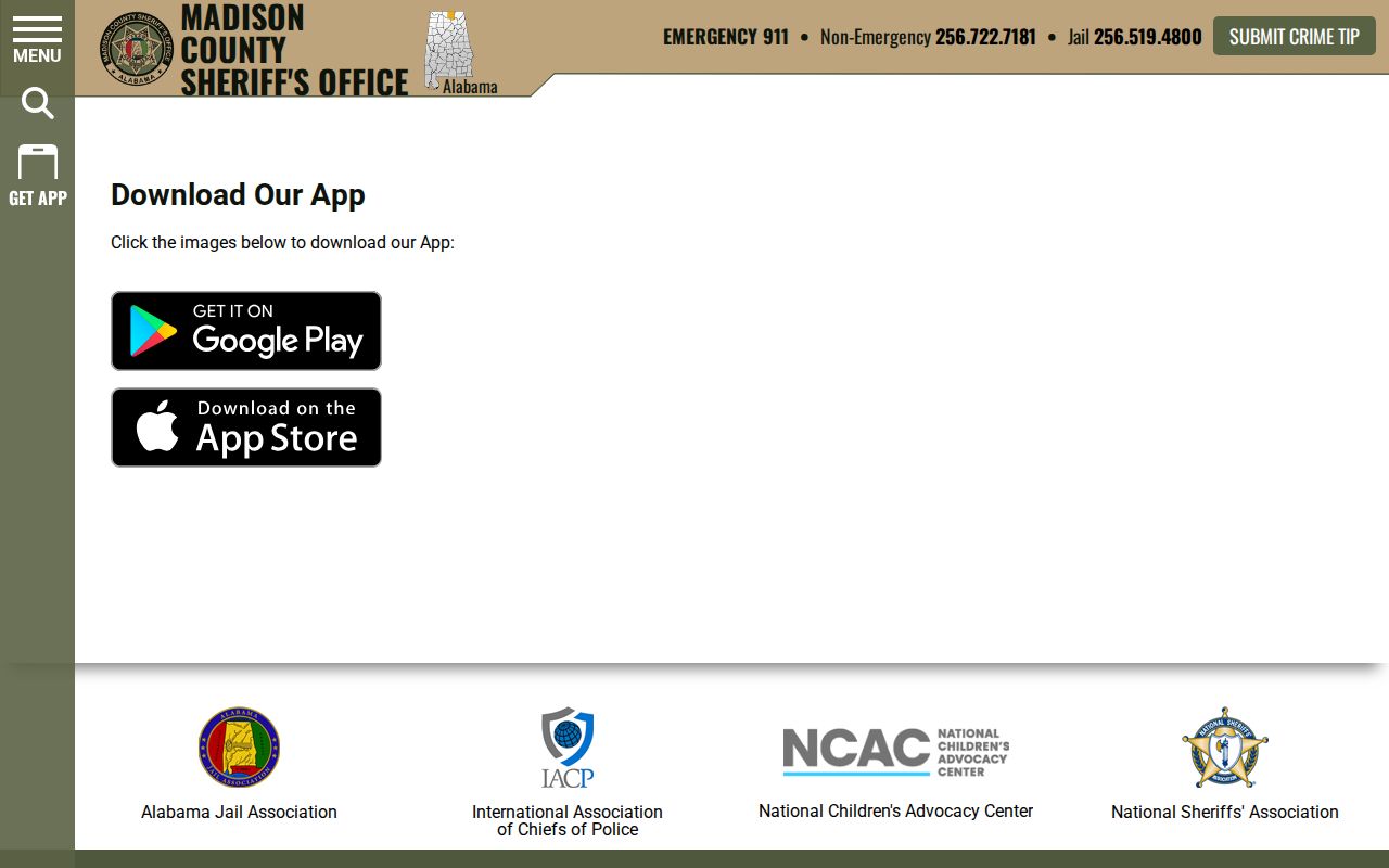 Madison County warrant information Sheriff mobile app page