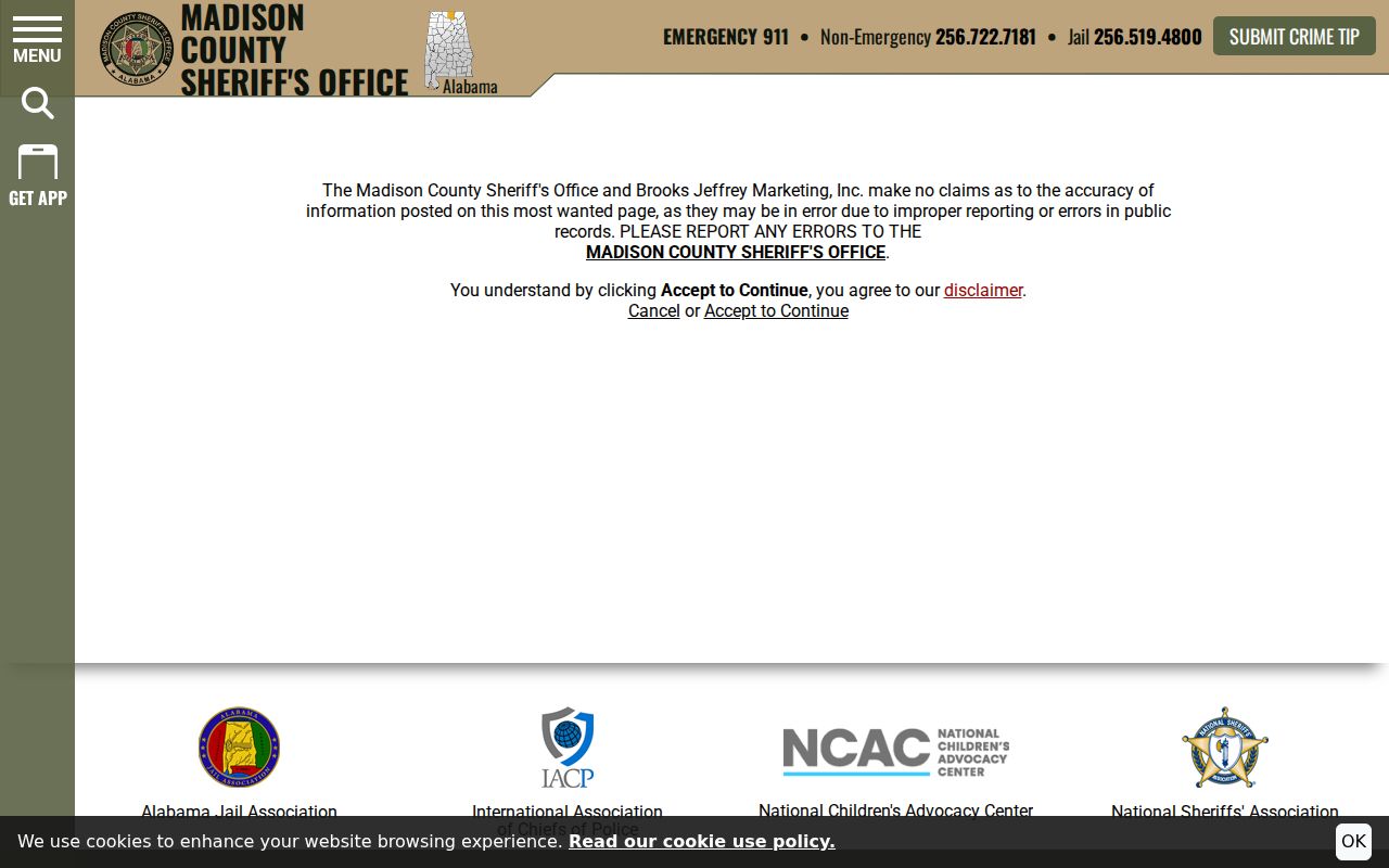 Madison County warrant search Sheriff Most Wanted page